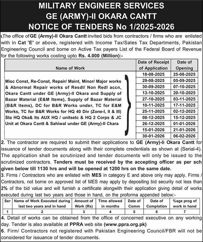 Military Engineer Services Okara Tender Notice